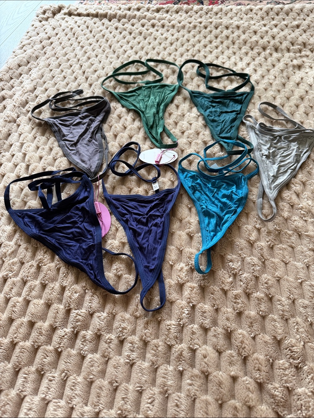 Assorted Solid String Bikini Bottoms — Navy, Teal, Green, Gray